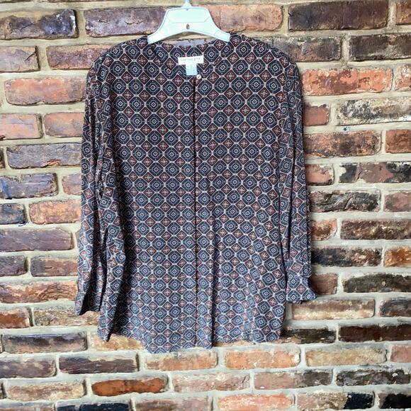 Liz Claiborne Brown Printed Silk Long Sleeve Button Down Shirt Women's Size 14 - Picture 1 of 5